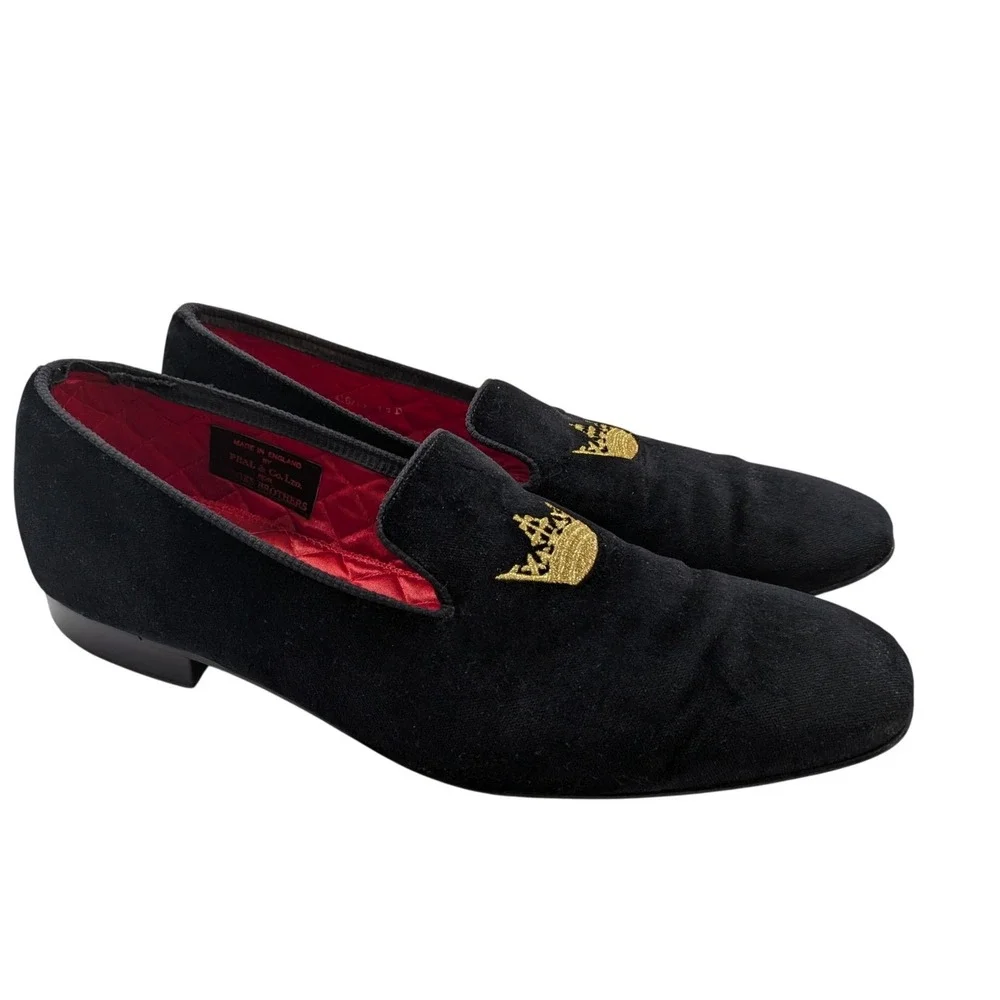 Brooks Brothers Peal & Co Velvet Crown Slippers Mens 13 D Black England Leather